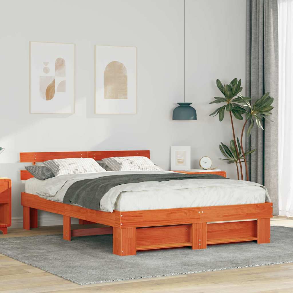 Bed Frame with Headboard Wax Brown 140 x 200 cm Solid Pine Wood