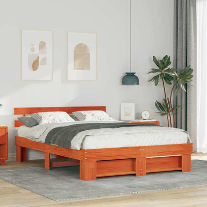 Bed Frame with Headboard Wax Brown 140 x 200 cm Solid Pine Wood