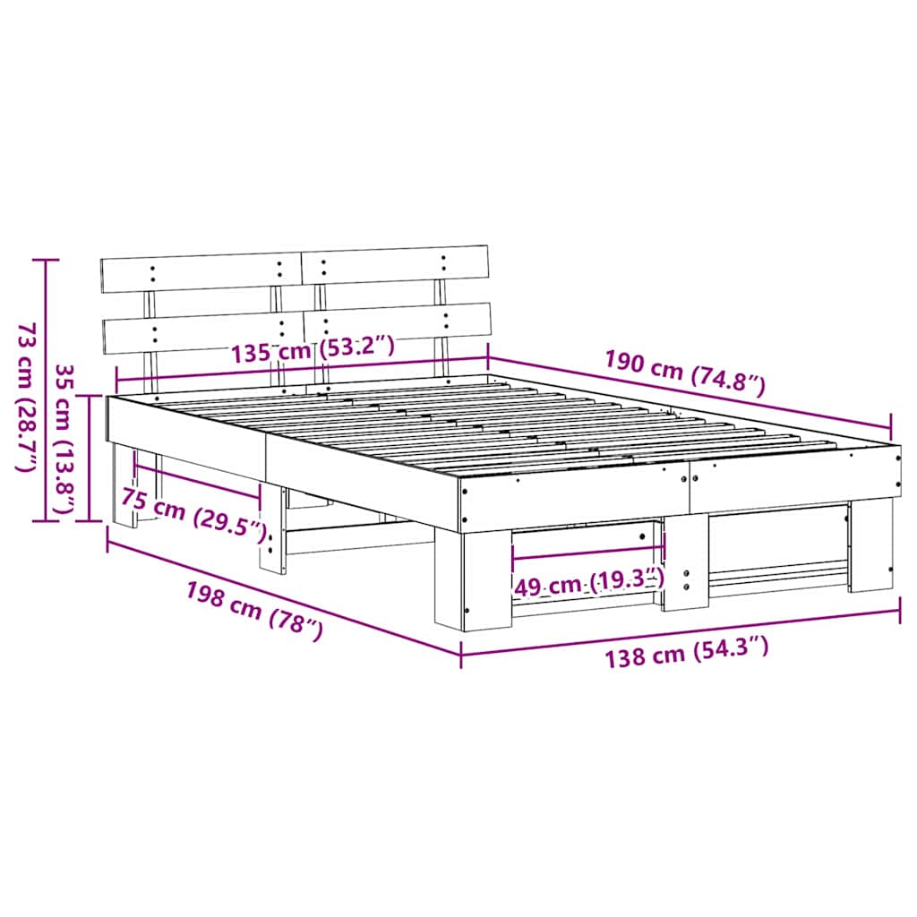 Bed Frame with Headboard Brown 135 x 190 cm Solid Pine Wood