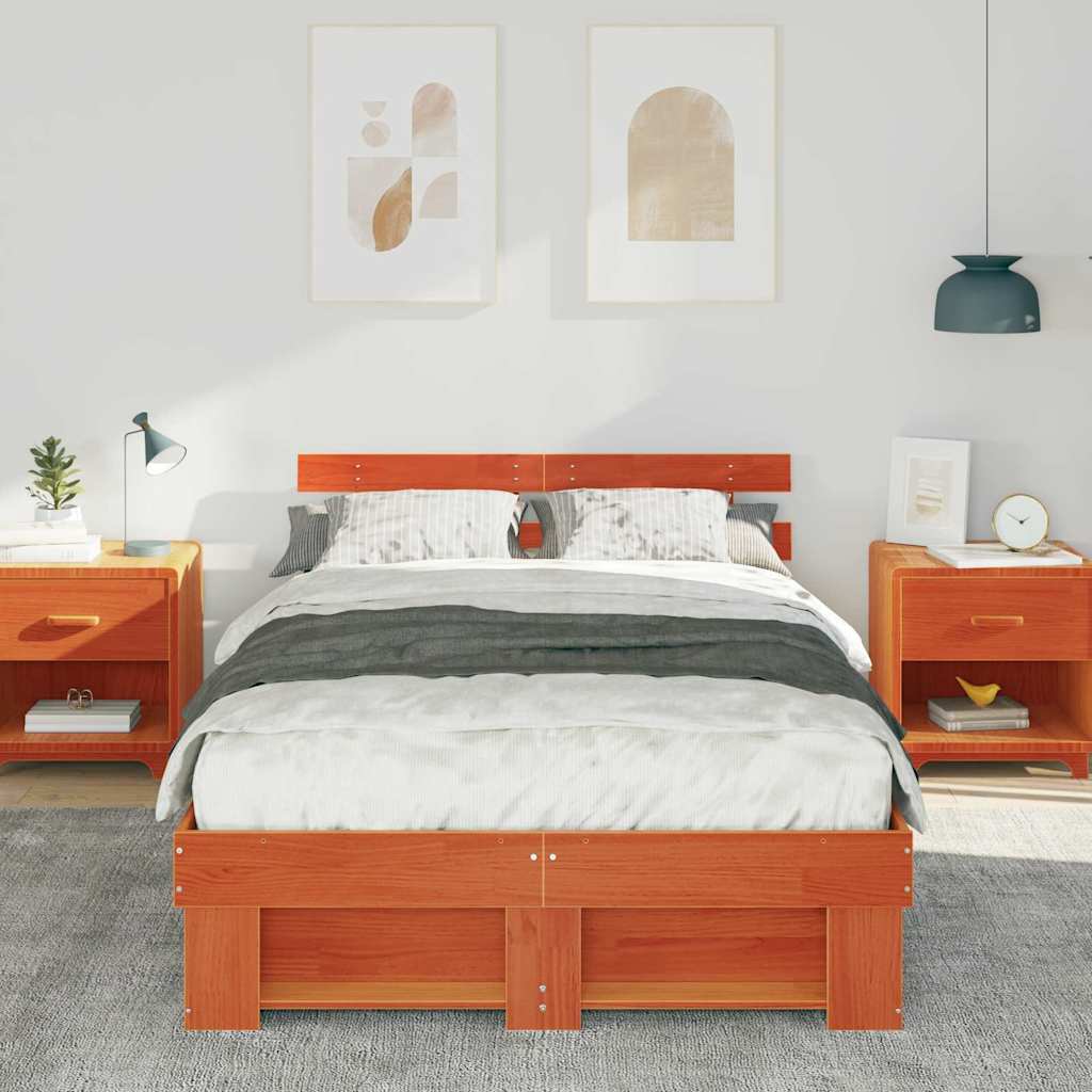 Bed Frame with Headboard Wax Brown 135 x 190 cm Solid Pine Wood