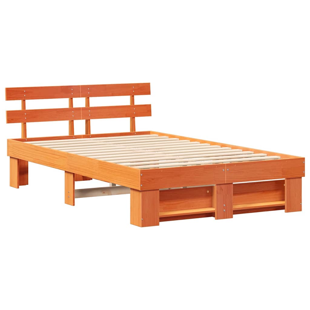 Bed Frame with Headboard Wax Brown 135 x 190 cm Solid Pine Wood