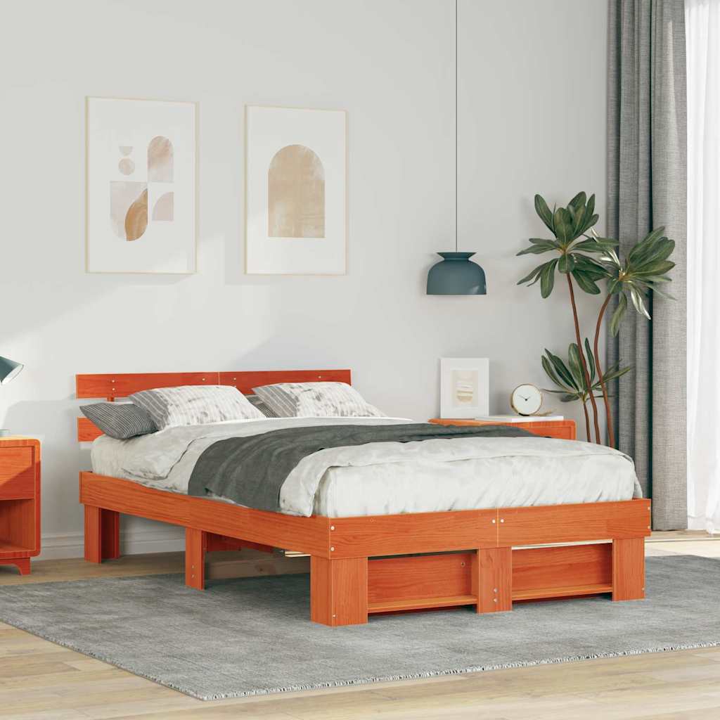 Bed Frame with Headboard Wax Brown 120 x 190 cm Solid Pine Wood
