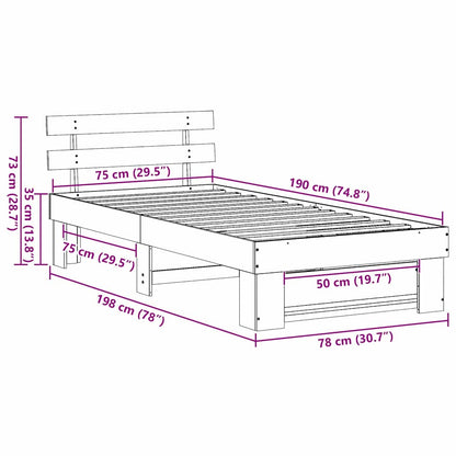 Bed Frame with Headboard Brown 75 x 190 cm Solid Pine Wood
