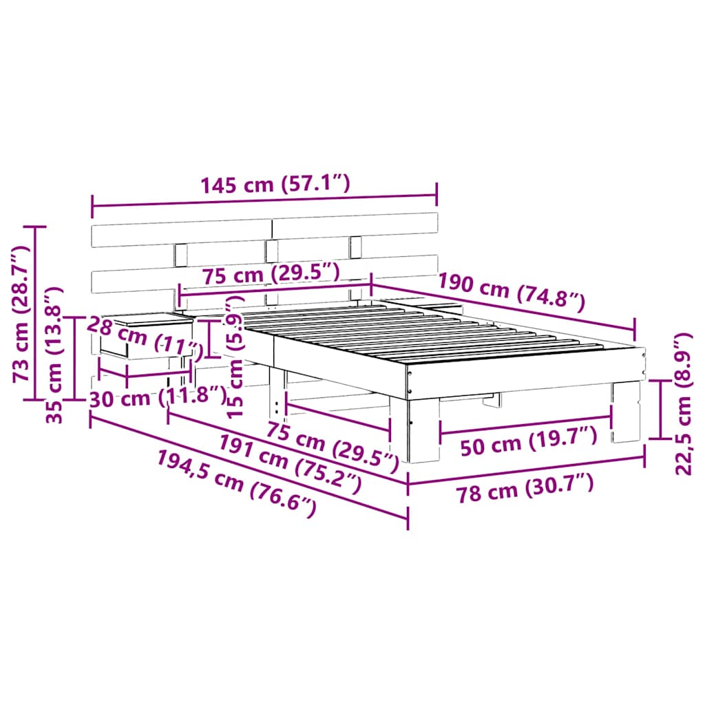 Bed Frame with Headboard Wax Brown 75 x 190 cm Solid Pine Wood