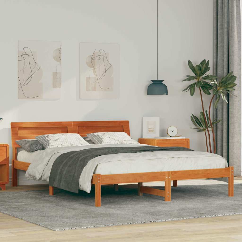Bed Frame with Headboard Wax Brown 150 x 200 cm Solid Pine Wood