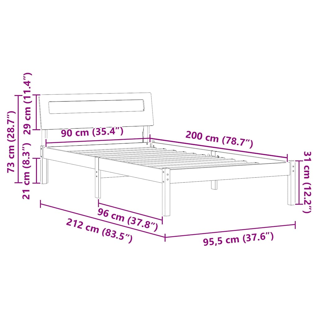 Bed Frame with Headboard Wax Brown 90 x 200 cm Solid Pine Wood