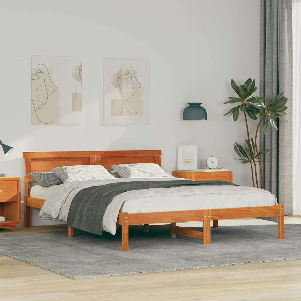 Bed Frame with Headboard Wax Brown 140 x 200 cm Solid Pine Wood