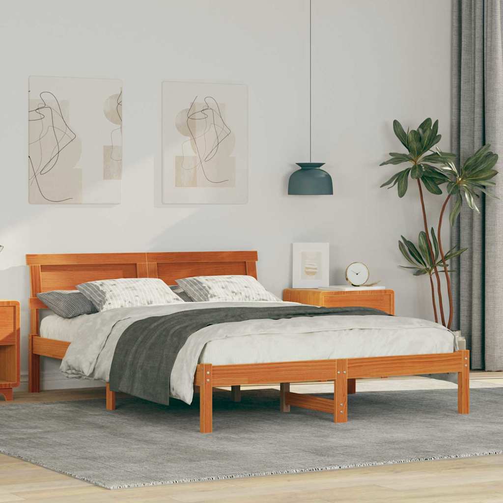 Bed Frame with Headboard Wax Brown 140 x 190 cm Solid Pine Wood