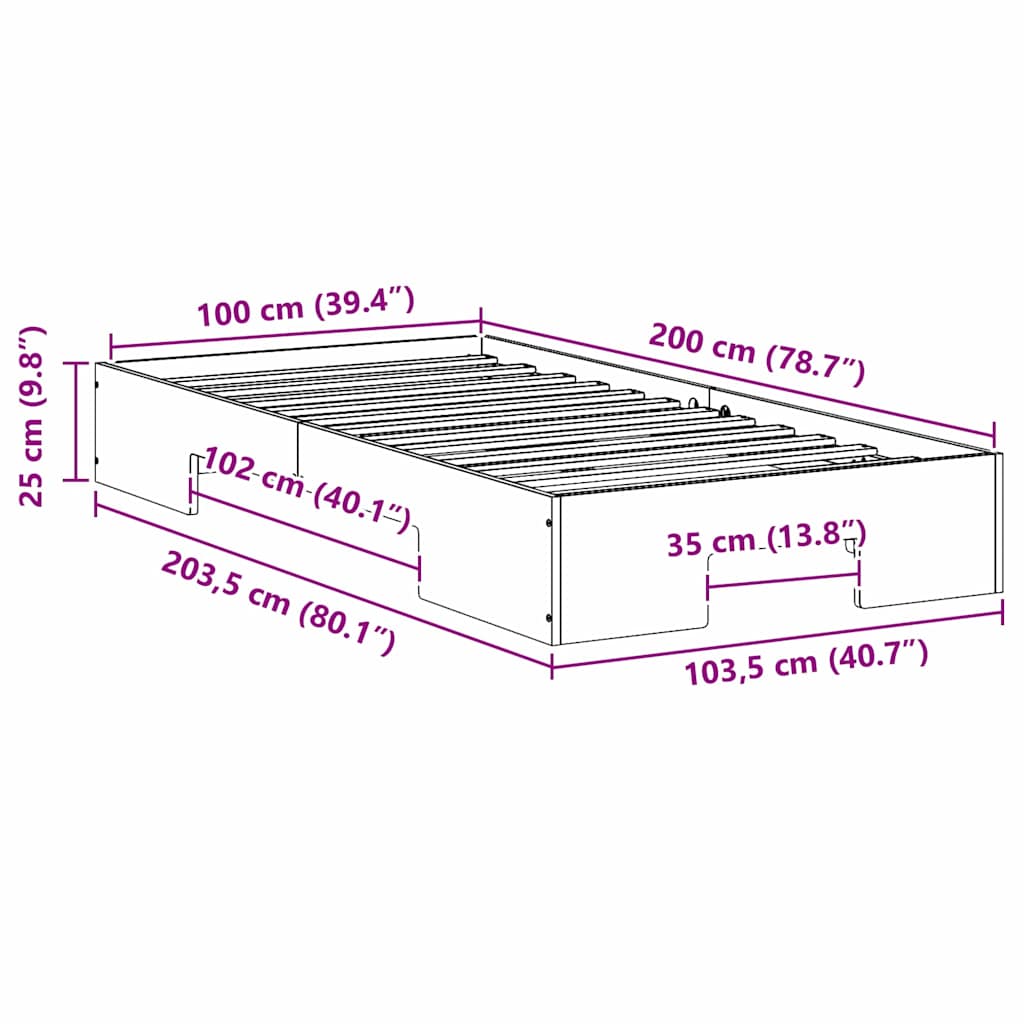 Floor Bed Frame with Storage Brown 100 x 200 cm Solid pine wood
