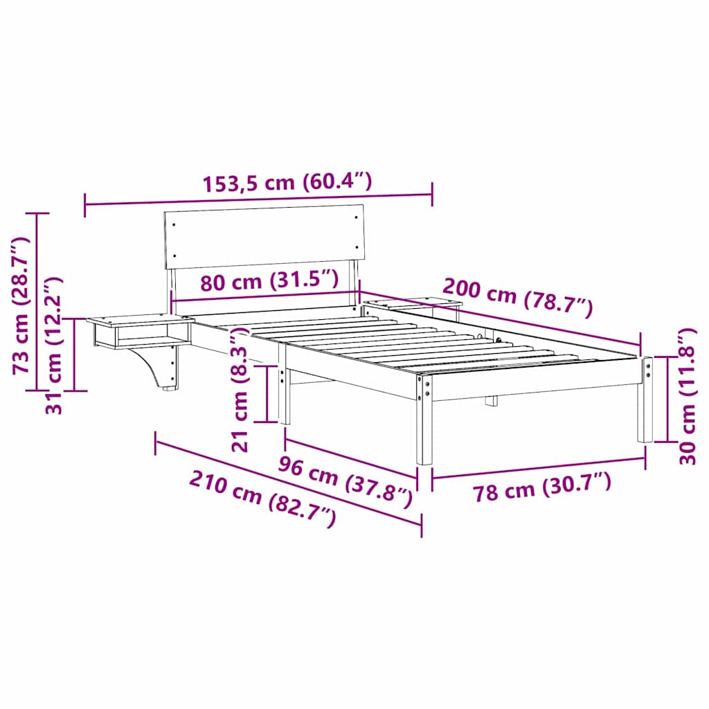 Bed Frame with Headboard White 80 x 200 cm Solid Pine Wood
