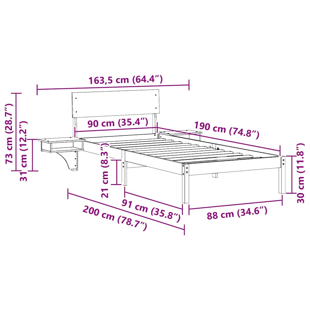 Bed Frame with Headboard Brown 90 x 190 cm Solid Pine Wood