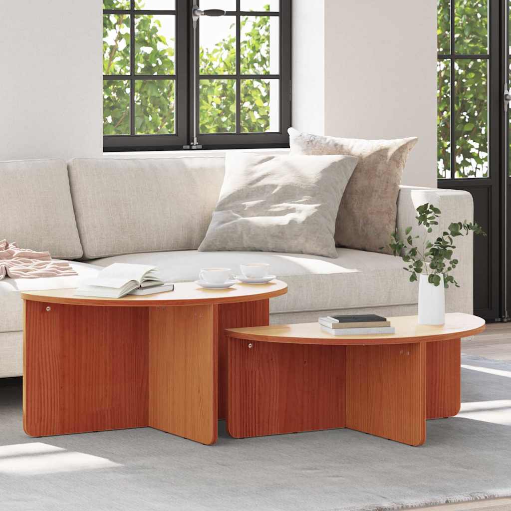 Coffee Table 2 pcs Wax Brown Solid pine wood