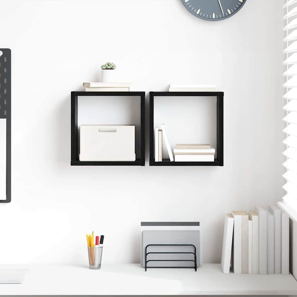 Wall Shelves with Shelf 2 pcs Black Oak Engineered Wood