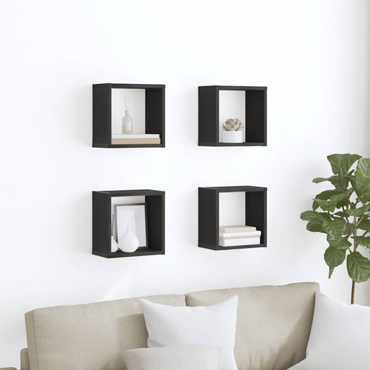 Wall Shelves with Shelf 4 pcs Black Oak Engineered Wood