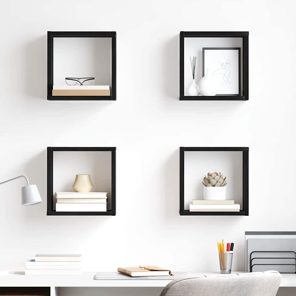 Wall Shelves with Shelf 4 pcs Black Oak Engineered Wood