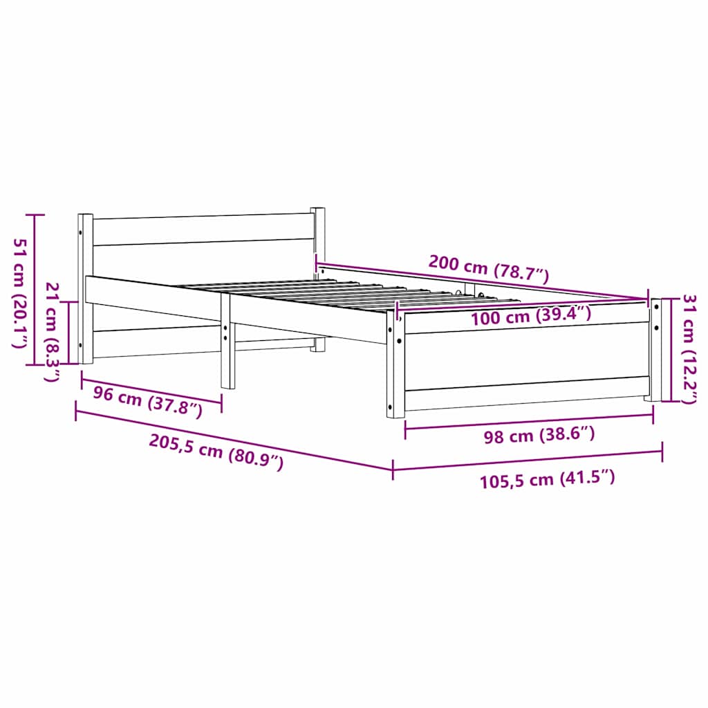 Bed Frame Wax Brown 205.5 x 105.5 x 51 cm Solid Pine Wood