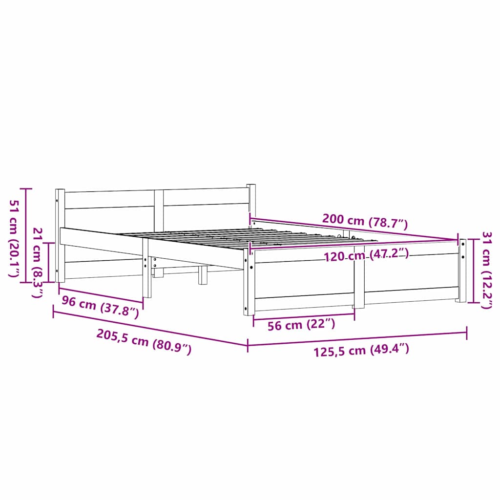 Bed Frame Wax Brown 205.5 x 125.5 x 51 cm Solid Pine Wood