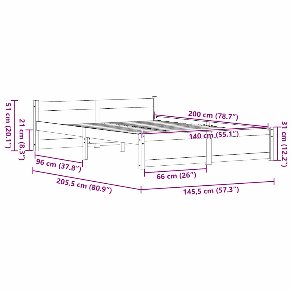 Bed Frame Wax Brown 205.5 x 145.5 x 51 cm Solid Pine Wood