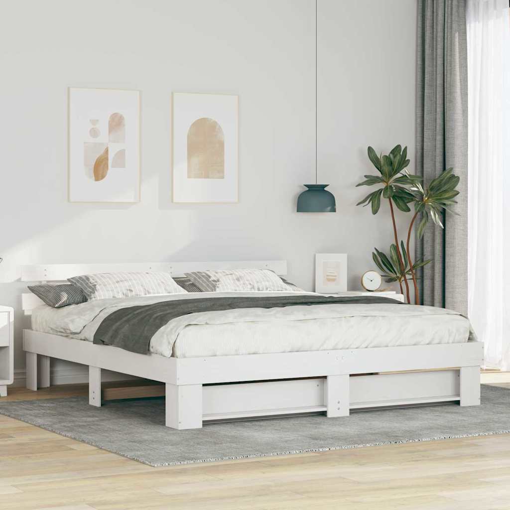 Bed Frame with Headboard White 200 x 200 cm Solid Pine Wood