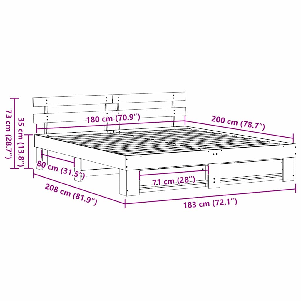 Bed Frame with Headboard White 180 x 200 cm Solid Pine Wood