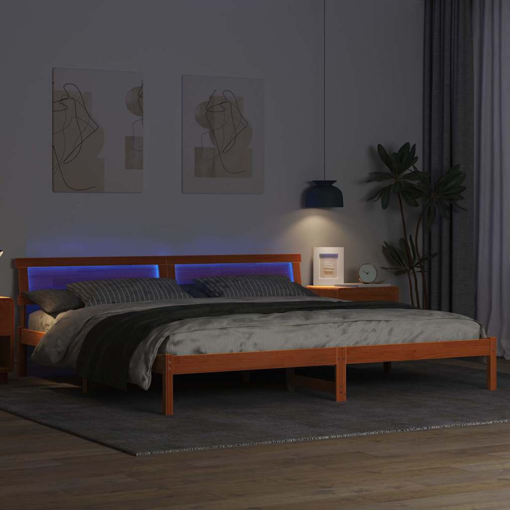 Bed Frame with Headboard Wax Brown 200 x 200 cm Solid Pine Wood