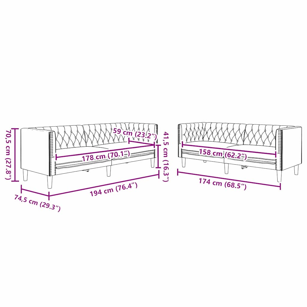 Living Room Couch 2 pcs Black 194 x 74.5 x 70.5 cm Faux Leather