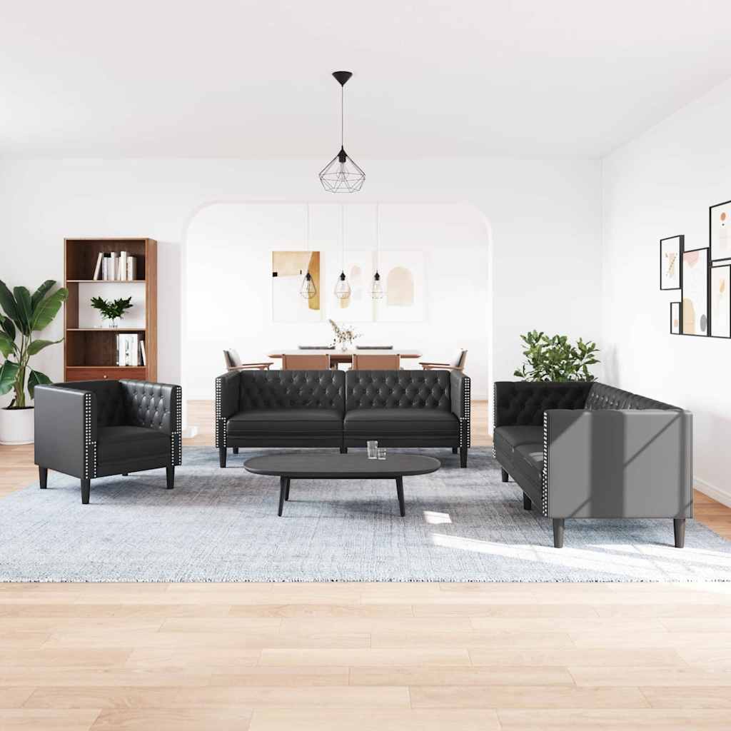 Living Room Couch 3 pcs Black Faux Leather