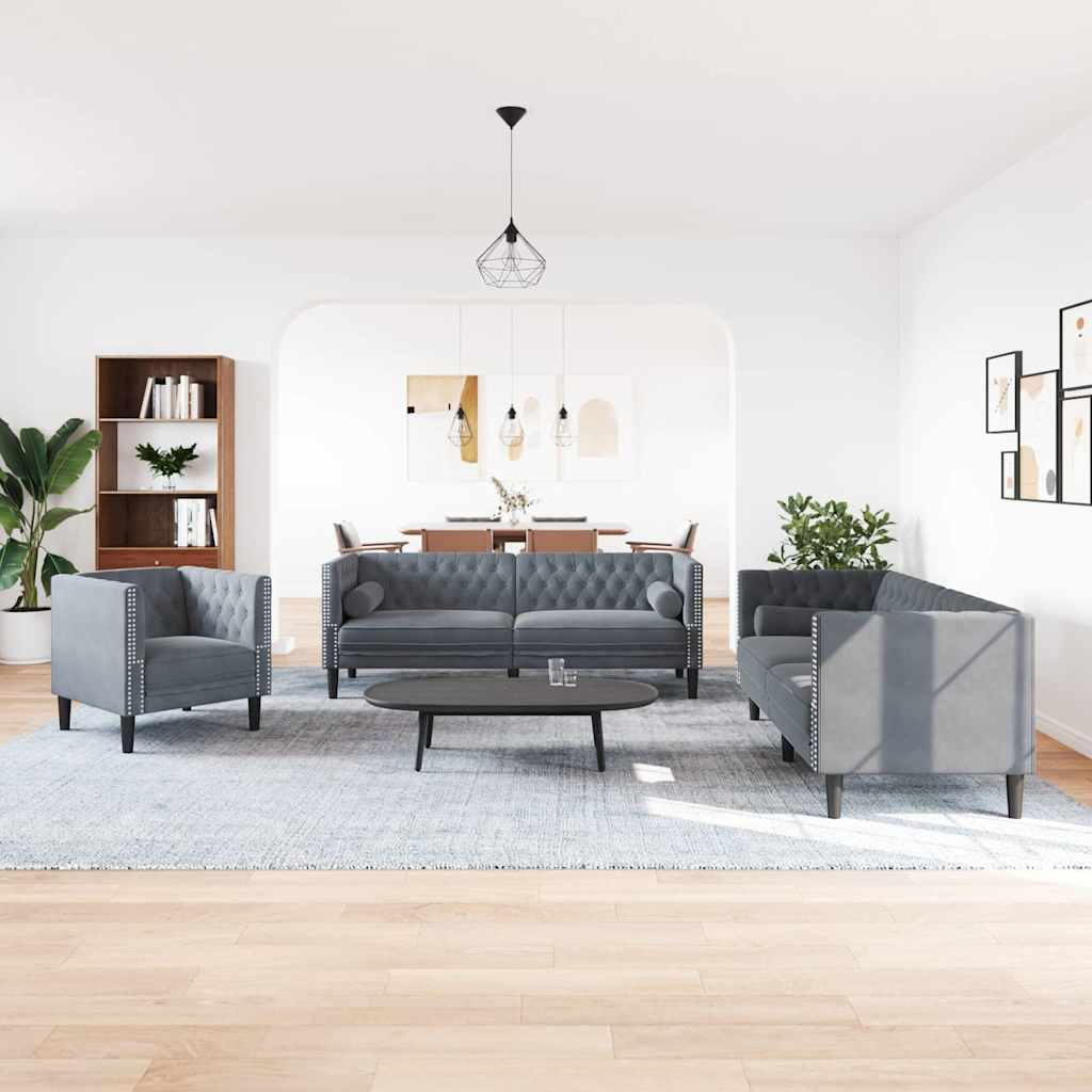 Living Room Couch 3 pcs Dark Grey 194 x 74.5 x 70.5 cm Velvet