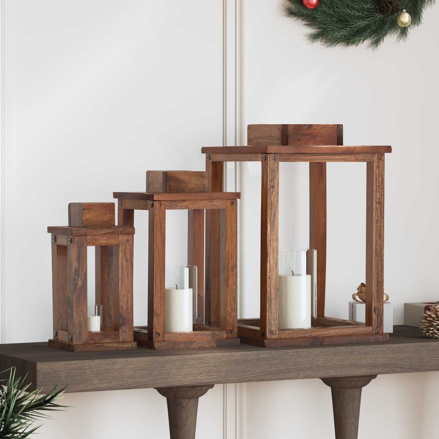 Lantern 3 pcs Natural Mahogany Wood