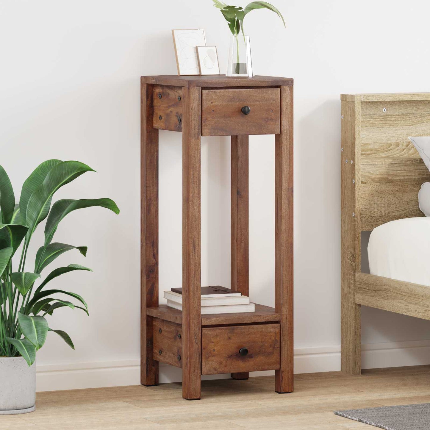 Plant Stand with Drawer Brown 30 x 30 x 80 cm Mahogany Wood