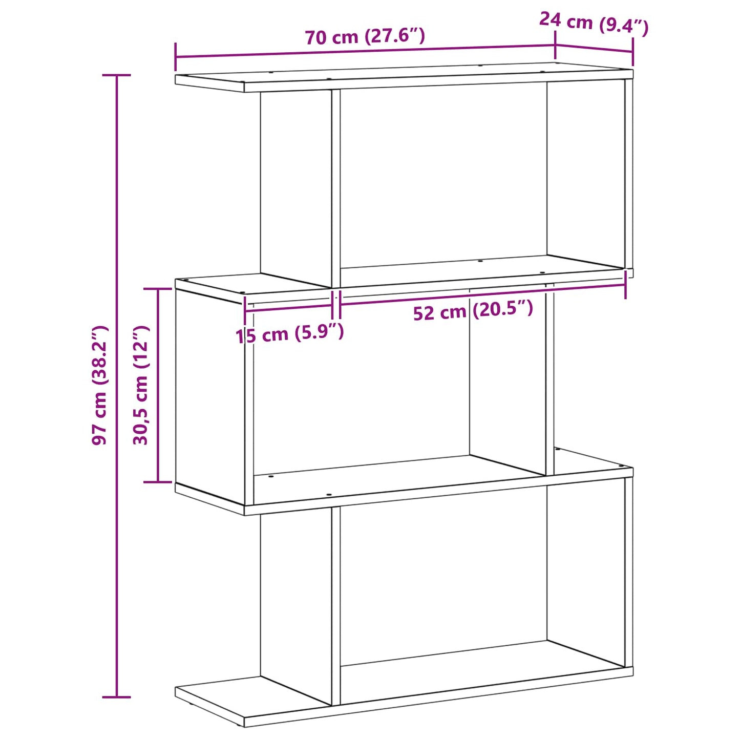 Book Cabinet 3-Tier 70 x 24 x 97 cm Engineered Wood Black Oak