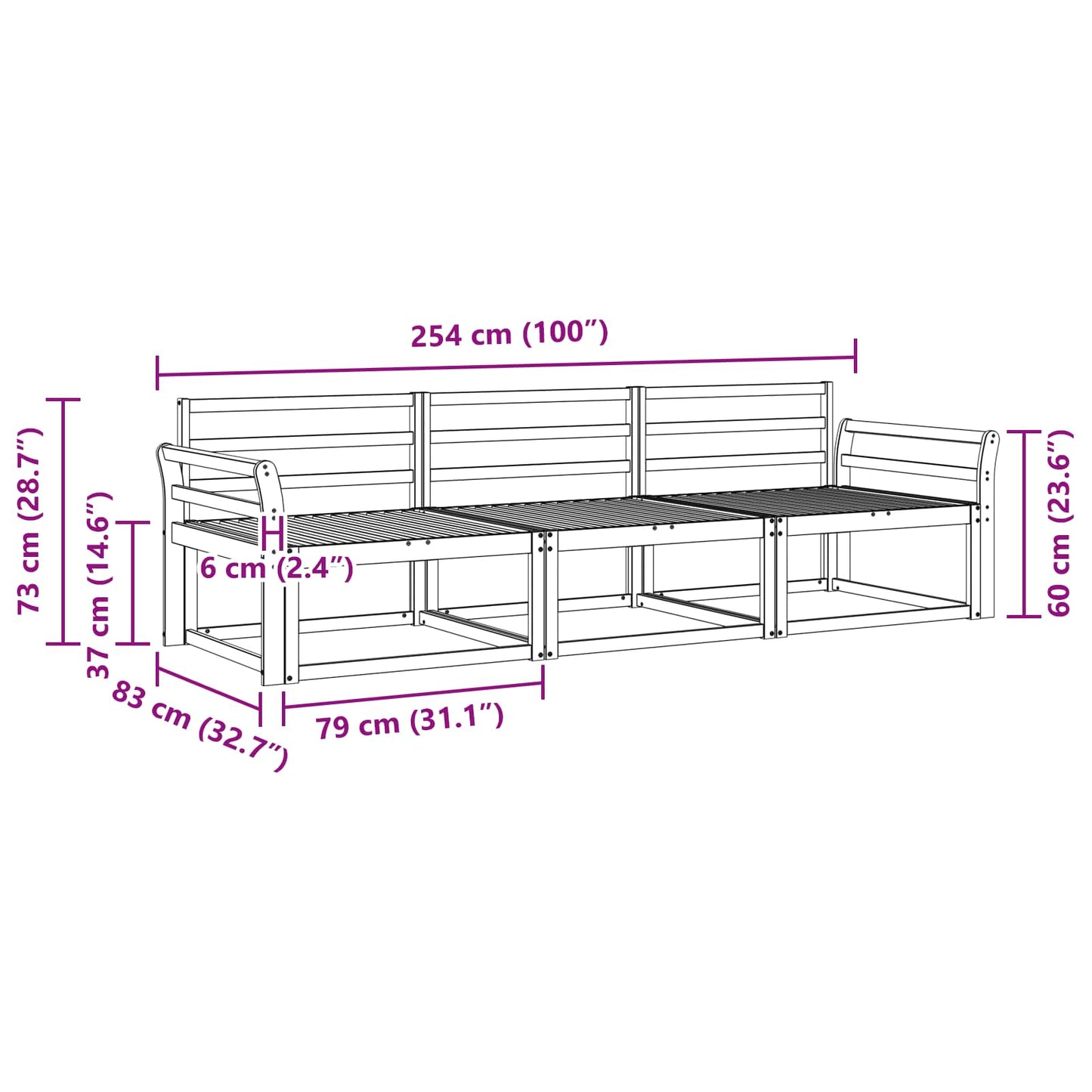 Outdoor Sofa Set 3 pcs White 254 x 83 x 73 cm Solid Acacia Wood