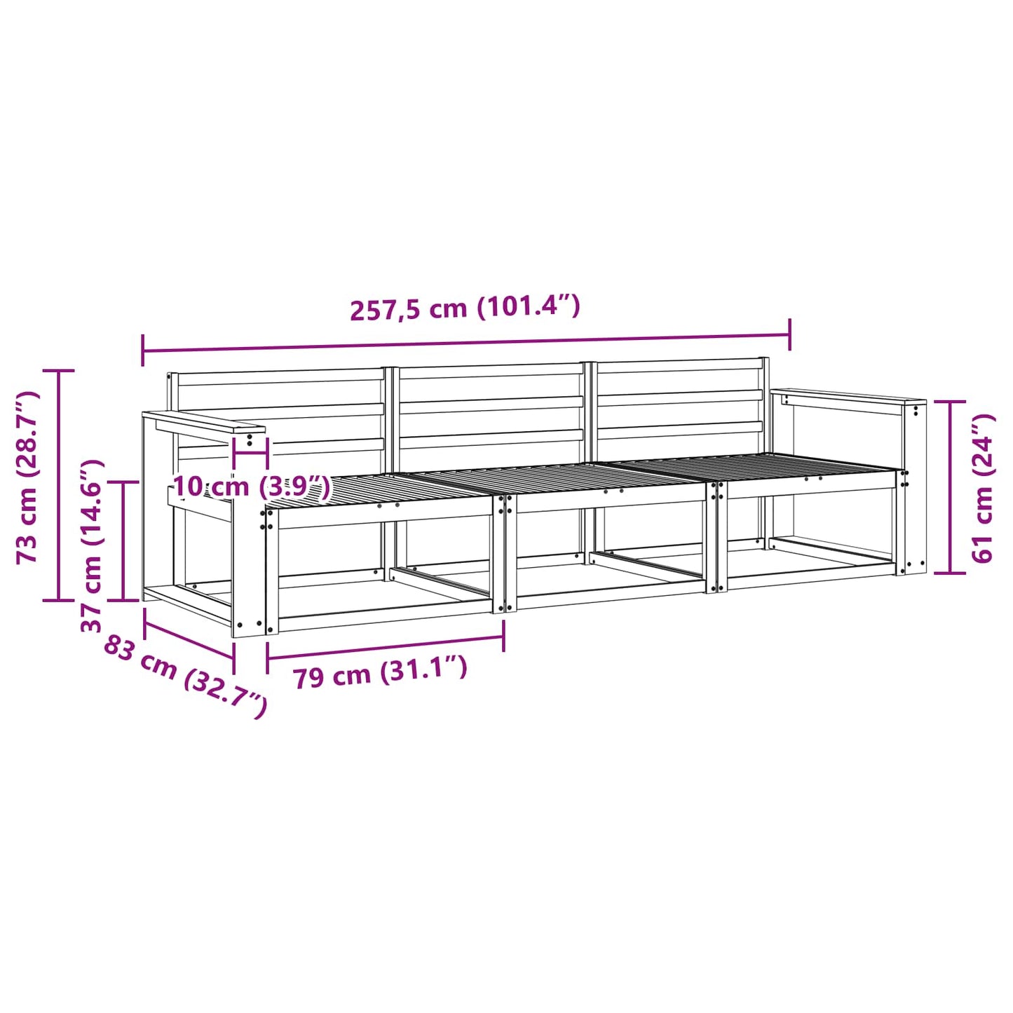 Outdoor Sofa Set 3 pcs White 257.5 x 83 x 73 cm