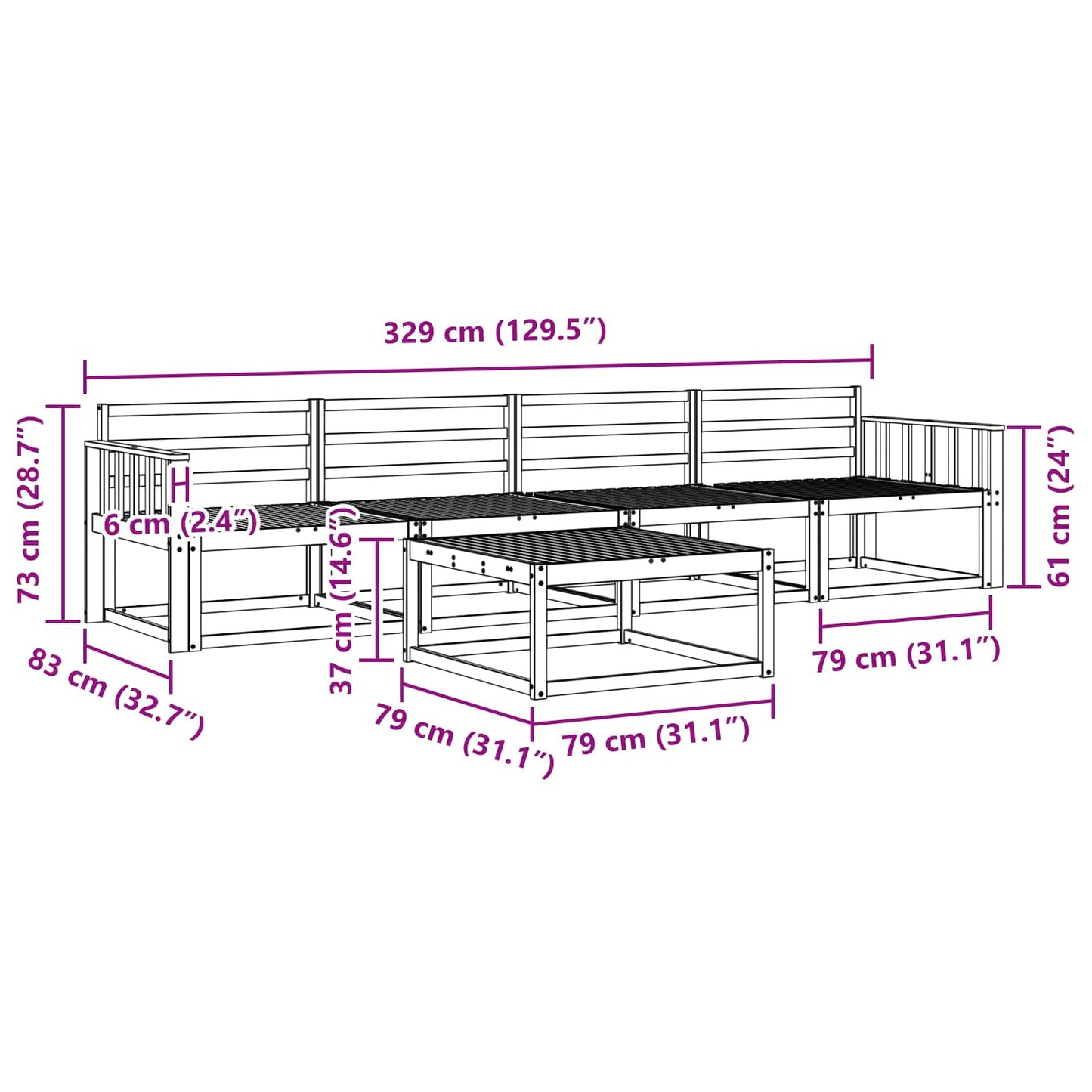 Outdoor Sofa Set 5 pcs White 79 x 79 x 37 cm Solid Acacia Wood