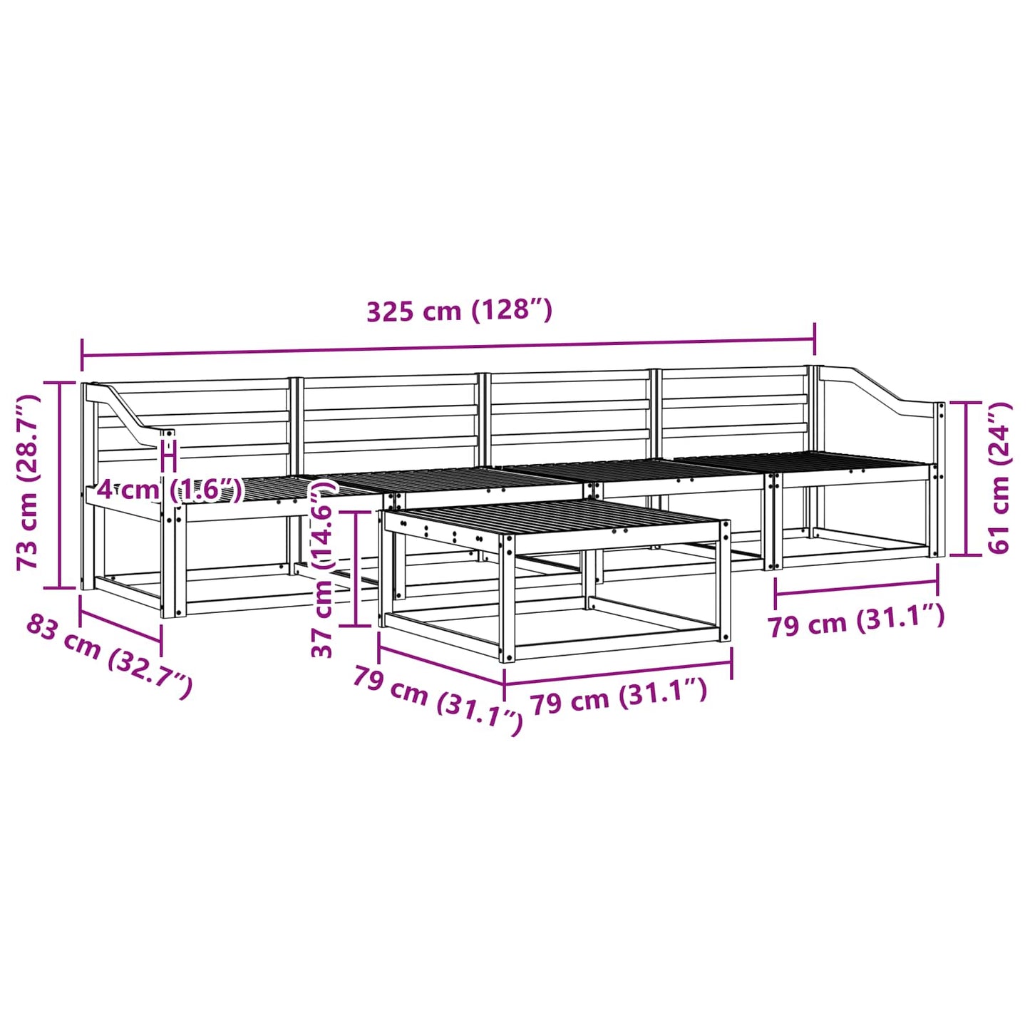 Outdoor Sofa Set 5 pcs White 79 x 79 x 37 cm Solid Acacia Wood