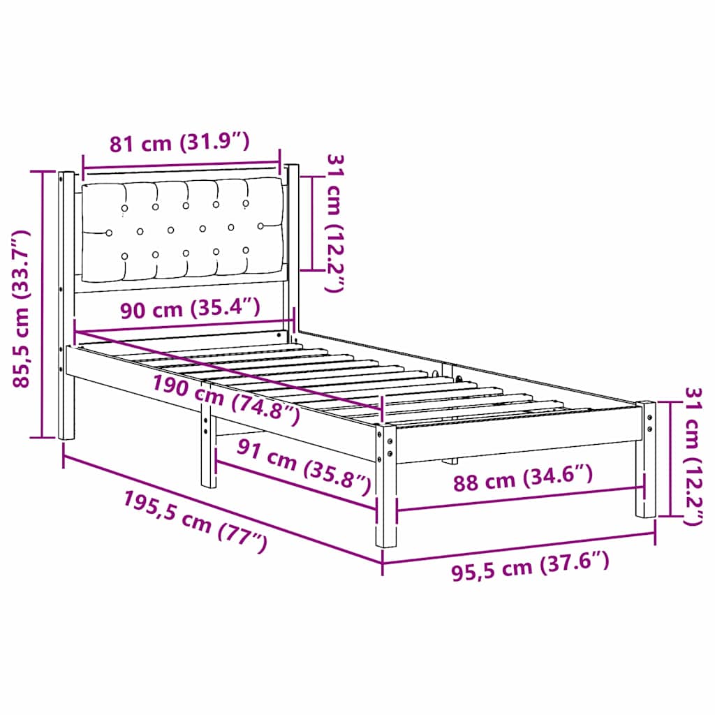 Bed Frame with Headboard Light Grey 90 x 190 cm Solid Pine Wood