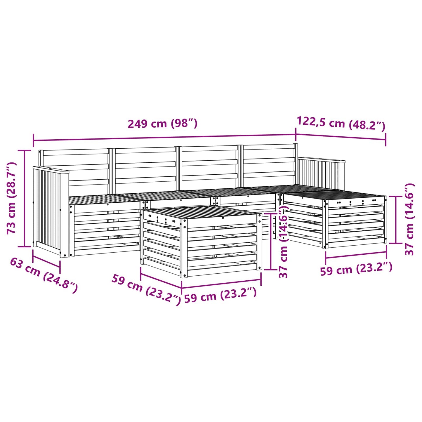 Outdoor Sofa Set 6 pcs White 59 x 59 x 37 cm Solid Acacia Wood