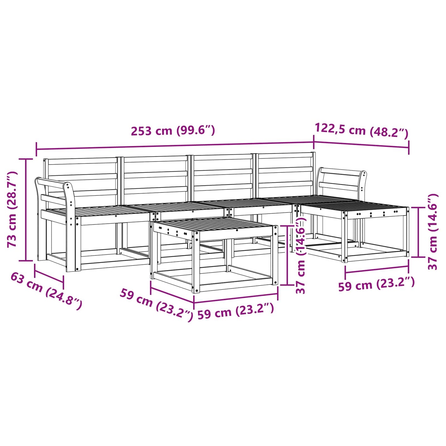 Outdoor Sofa Set 6 pcs White 59 x 59 x 37 cm Solid Acacia Wood