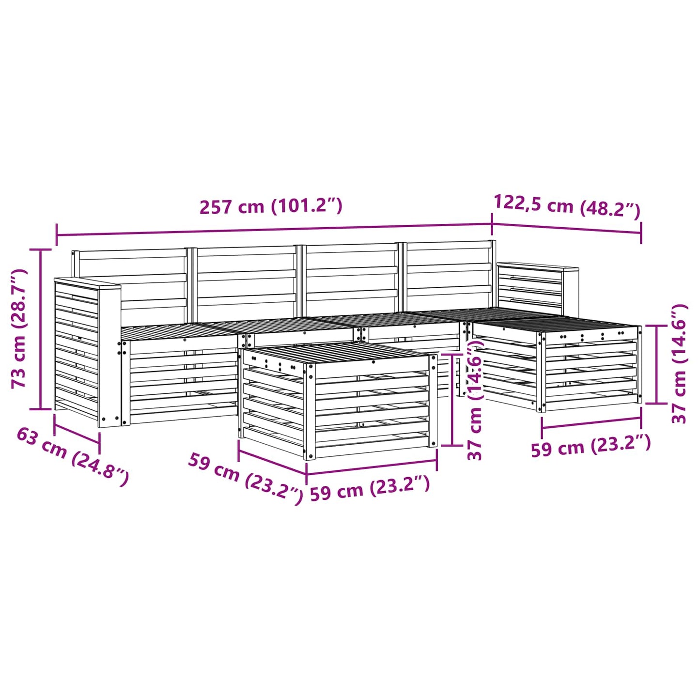 Outdoor Sofa Set 6 pcs White 59 x 59 x 37 cm Solid Acacia Wood