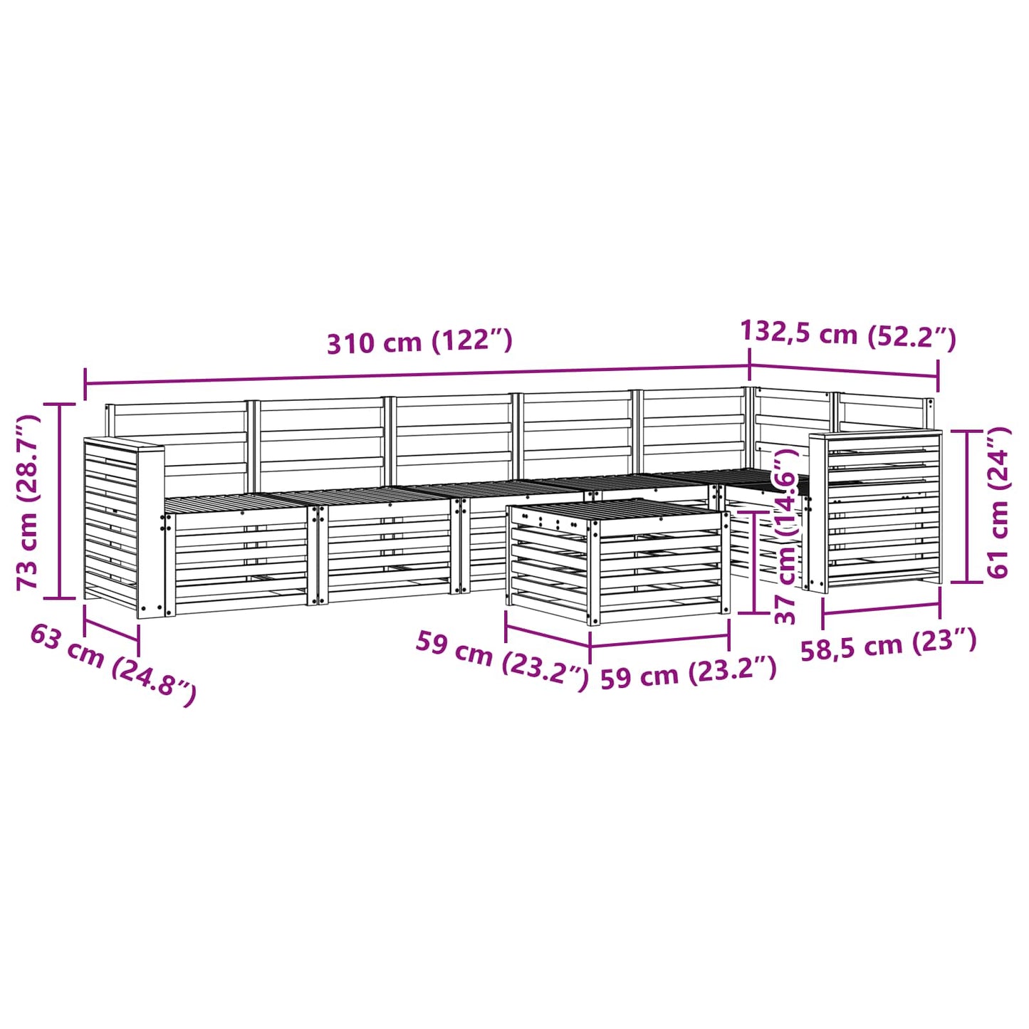 Outdoor Sofa Set 7 pcs White 59 x 59 x 37 cm Solid Acacia Wood