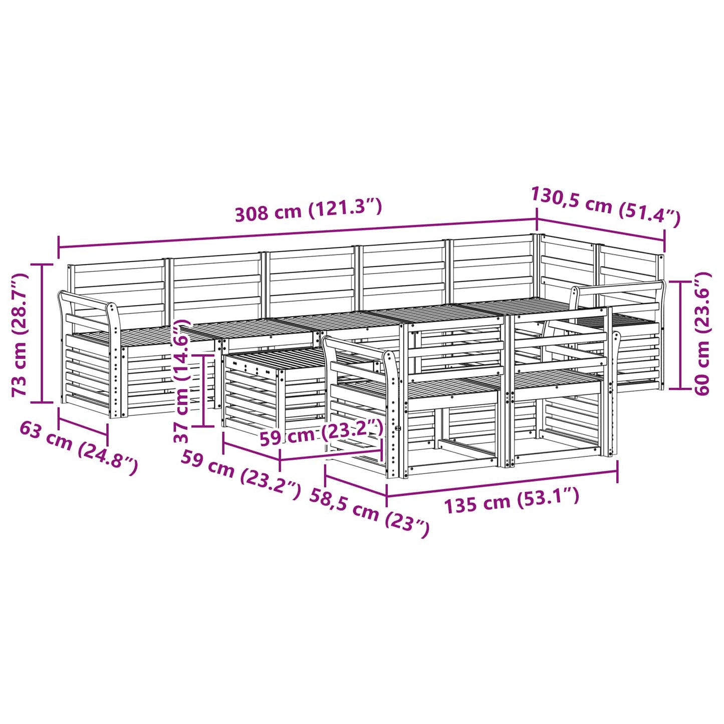 Outdoor Sofa Set 9 pcs White 59 x 59 x 37 cm Solid Acacia Wood