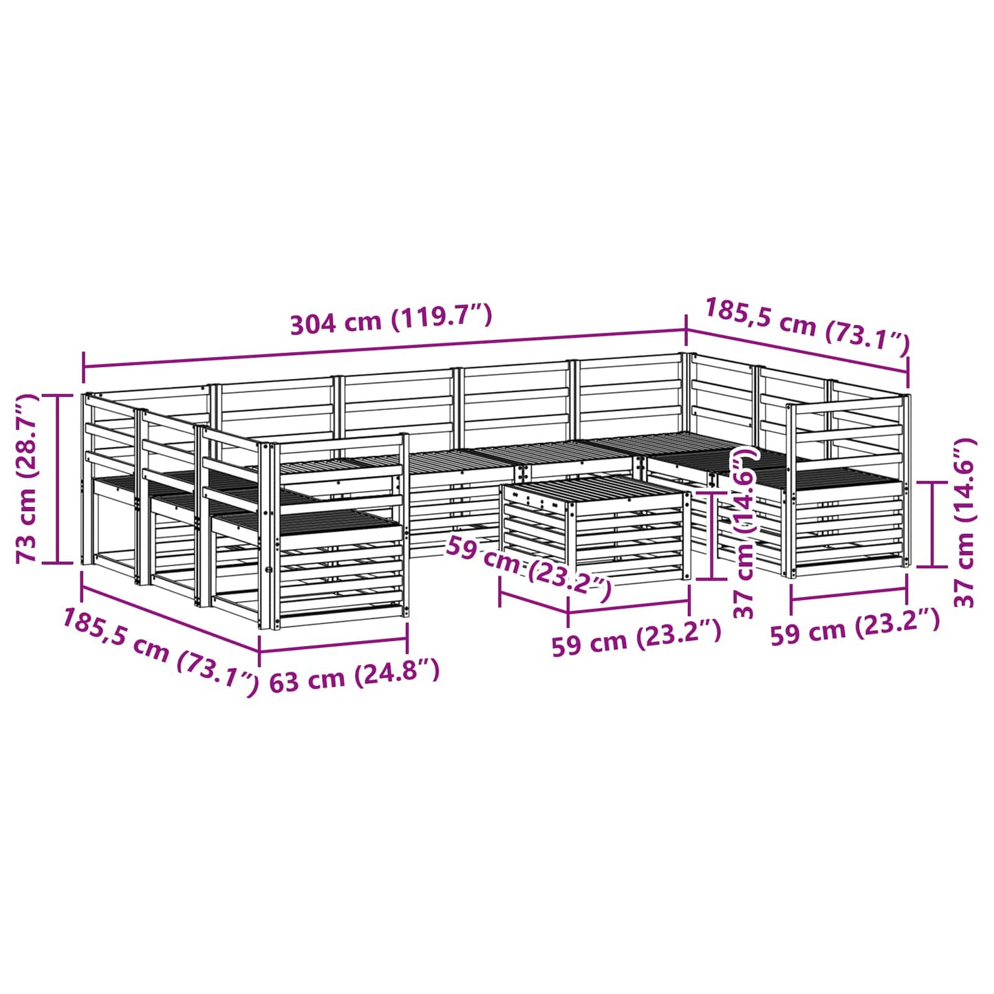 Outdoor Sofa Set 10 pcs White 59 x 59 x 37 cm Solid Acacia Wood