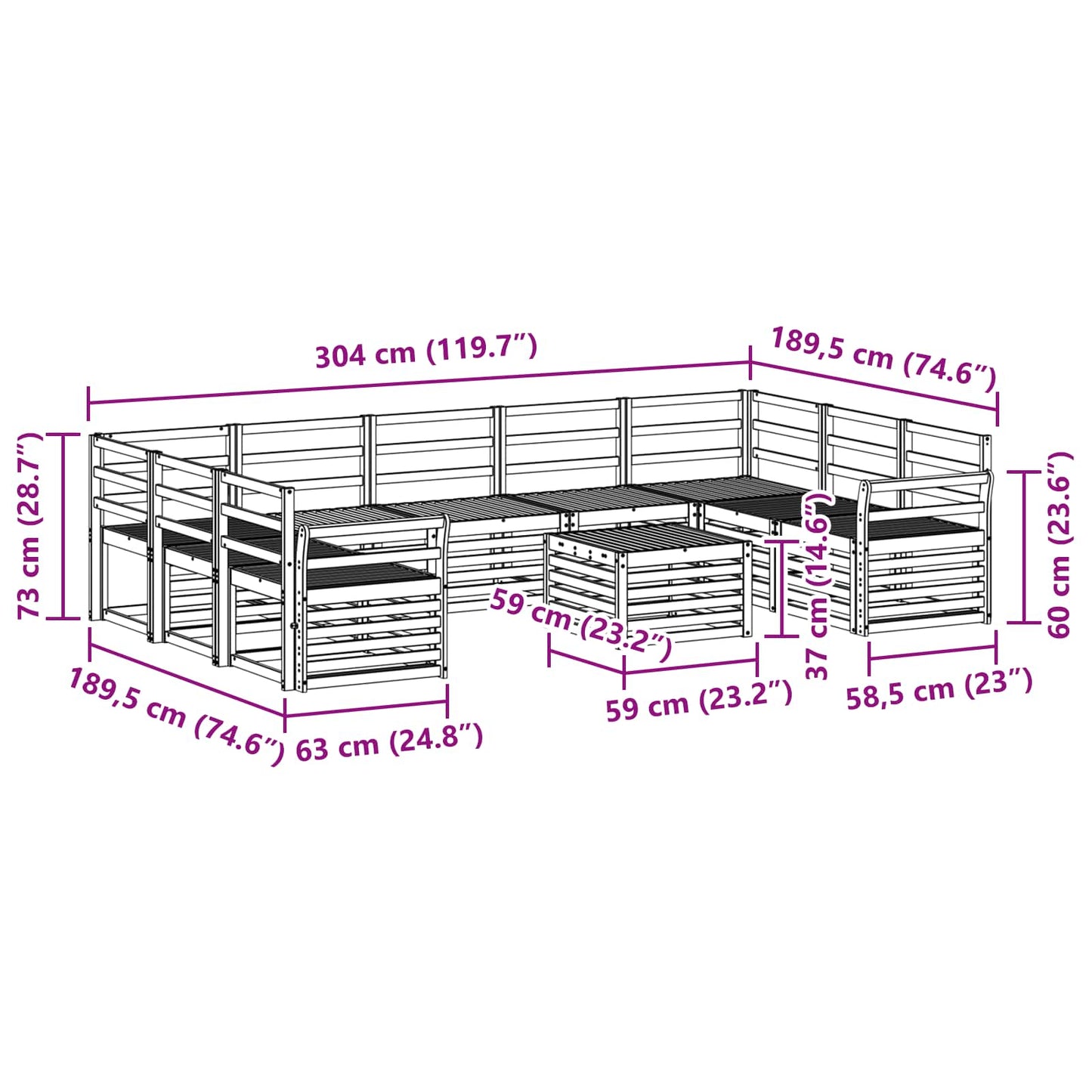 Outdoor Sofa Set 10 pcs White 59 x 59 x 37 cm Solid Acacia Wood