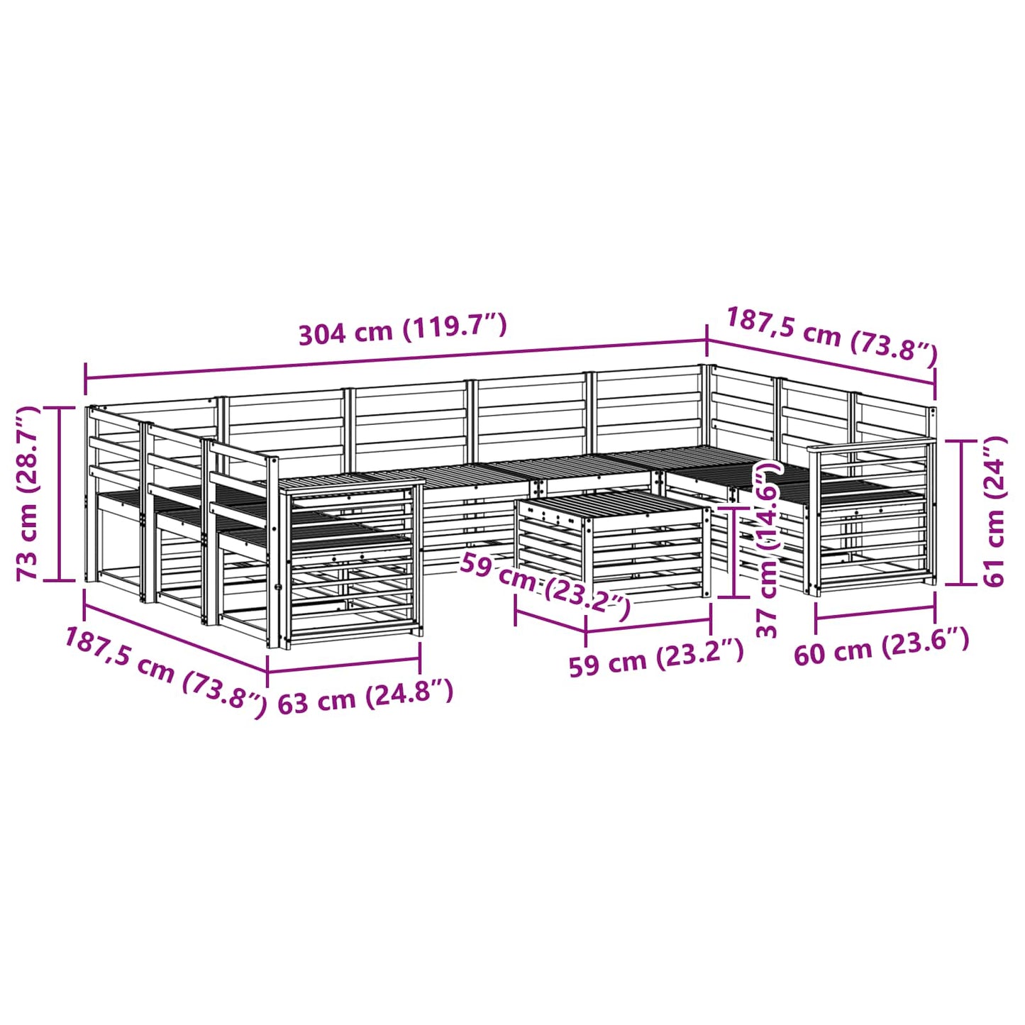 Outdoor Sofa Set 10 pcs White 59 x 59 x 37 cm Solid Acacia Wood