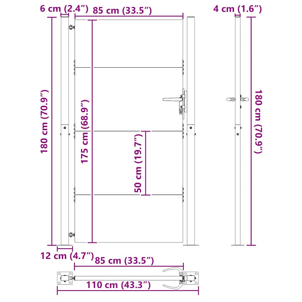 Garden Gate with Lock Black 110 x 180 cm Powder-Coated Steel