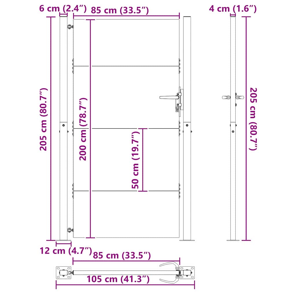 Garden Gate with Lock Black 105 x 205 cm Powder-Coated Steel