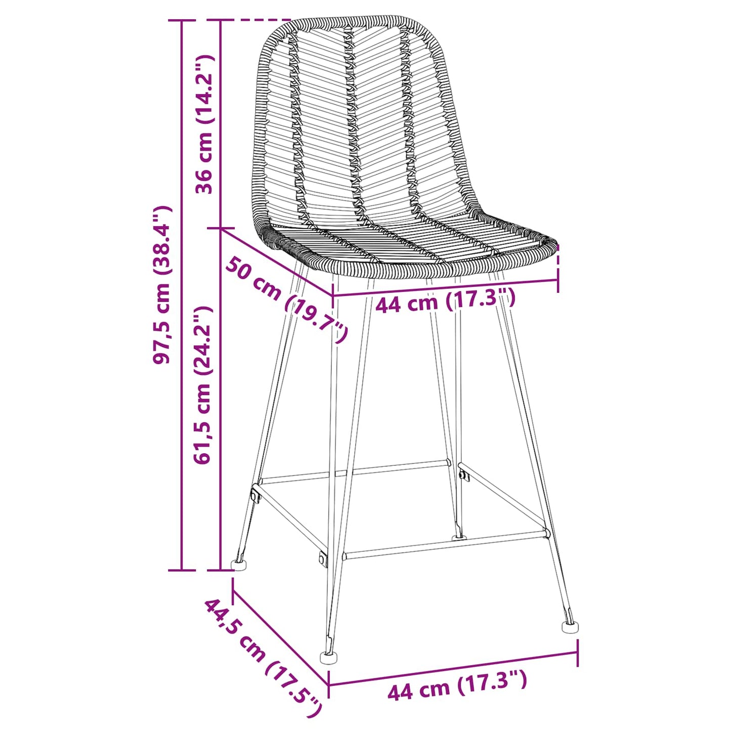 Bar Chair 2 pcs 44.5 x 54.5 x 97.5 cm Rattan and Iron