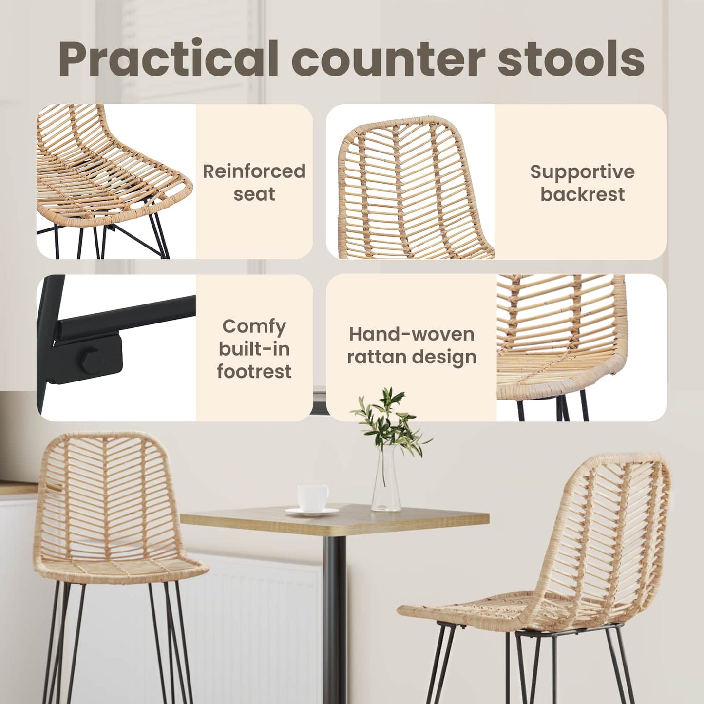 Bar Chair 2 pcs 44 x 52 x 111 cm Rattan and Iron