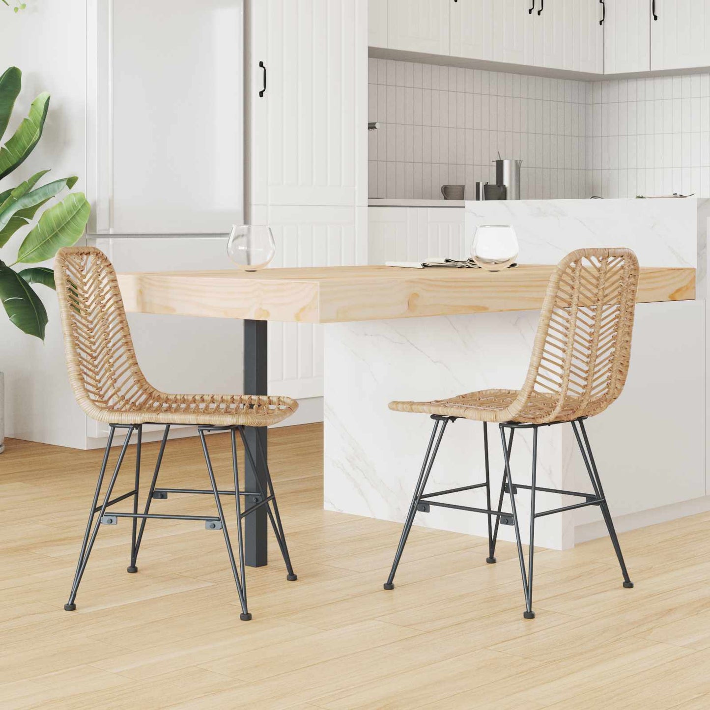 Dining Chair 2 pcs Rattan and Iron Natural 44.5 x 54.5 x 85 cm