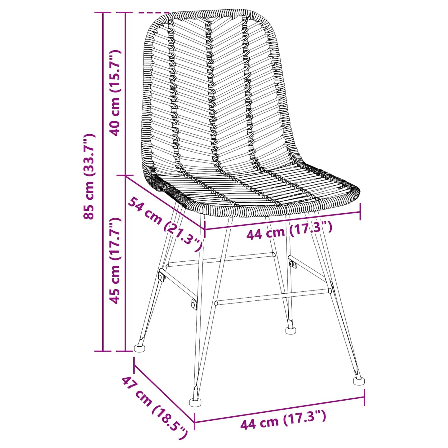 Dining Chair 2 pcs Rattan and Iron Natural 44.5 x 54.5 x 85 cm